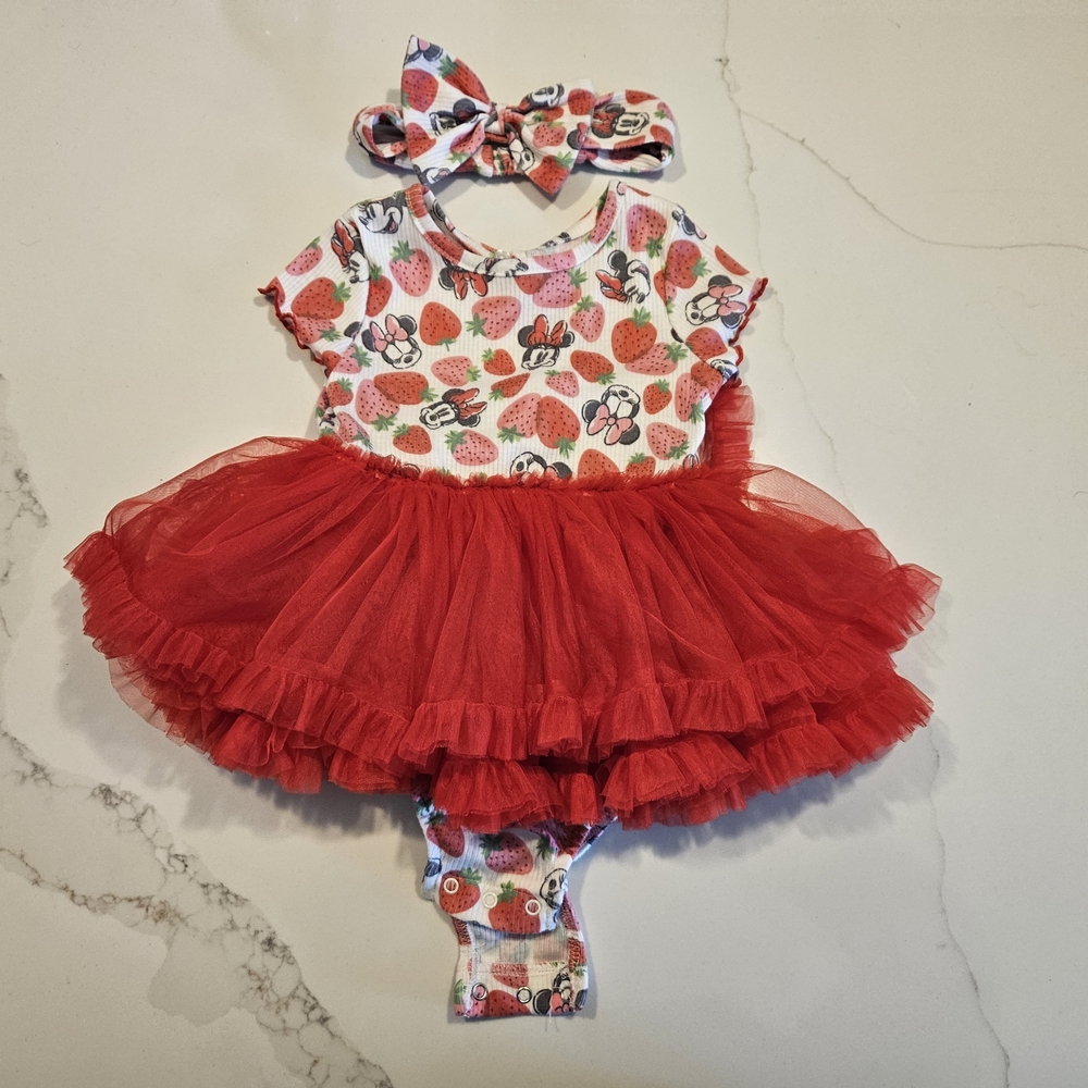 Disney Baby Minnie Mouse & Strawberry Red Tutu Dress 24 months With Headband
